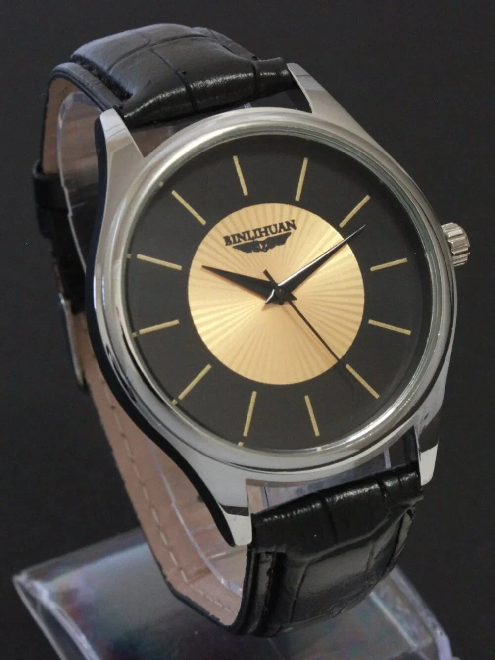 Men's Quartz Dress Watch Black Dial Gold Textured Insert Black Strap 42mm